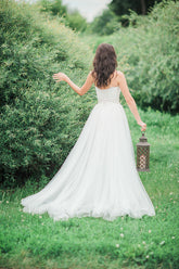 Latest Strapless Lace Bridal Gowns A-Line Lace-Up Long Beach Wedding Dresses