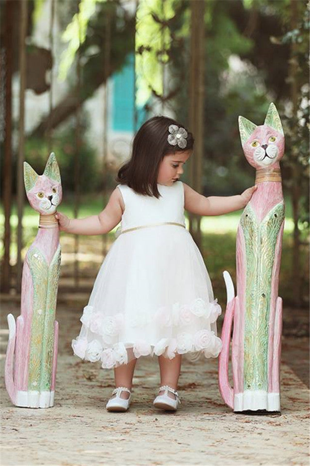 Latest White Flowers Tea Length Flower Girl Dress Cute Tulle Bowknot Short Girl Dresses