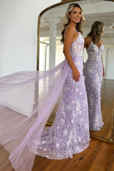 Lavender Floral Embroidered Mermaid Prom Dress With Sheer Bodice & Train Formal Evening Gown