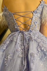 Lavender Homecoming Dresses Corset A-Line Lace Short Cocktail Dresses With Feathered Detachable Sleeves