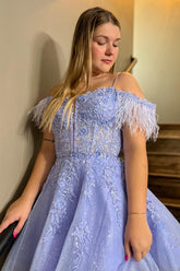 Lavender Homecoming Dresses Corset A-Line Lace Short Cocktail Dresses With Feathered Detachable Sleeves