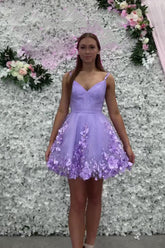 Lavender Homecoming Dresses Floral Spaghetti Straps A-Line Short Cocktail Dresses