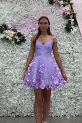 Lavender Homecoming Dresses Floral Spaghetti Straps A-Line Short Cocktail Dresses