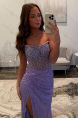 Lavender Prom Dress Mermaid Strapless Long Formal Dress With Slit