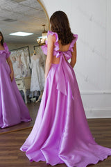 Lavender Prom Dress Square Neck A Line Formal Dress With Ruffled Sleeves