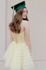 Lemon Yellow Homecoming Dresses A Line Corset Ruffled Short Cocktail Dresses