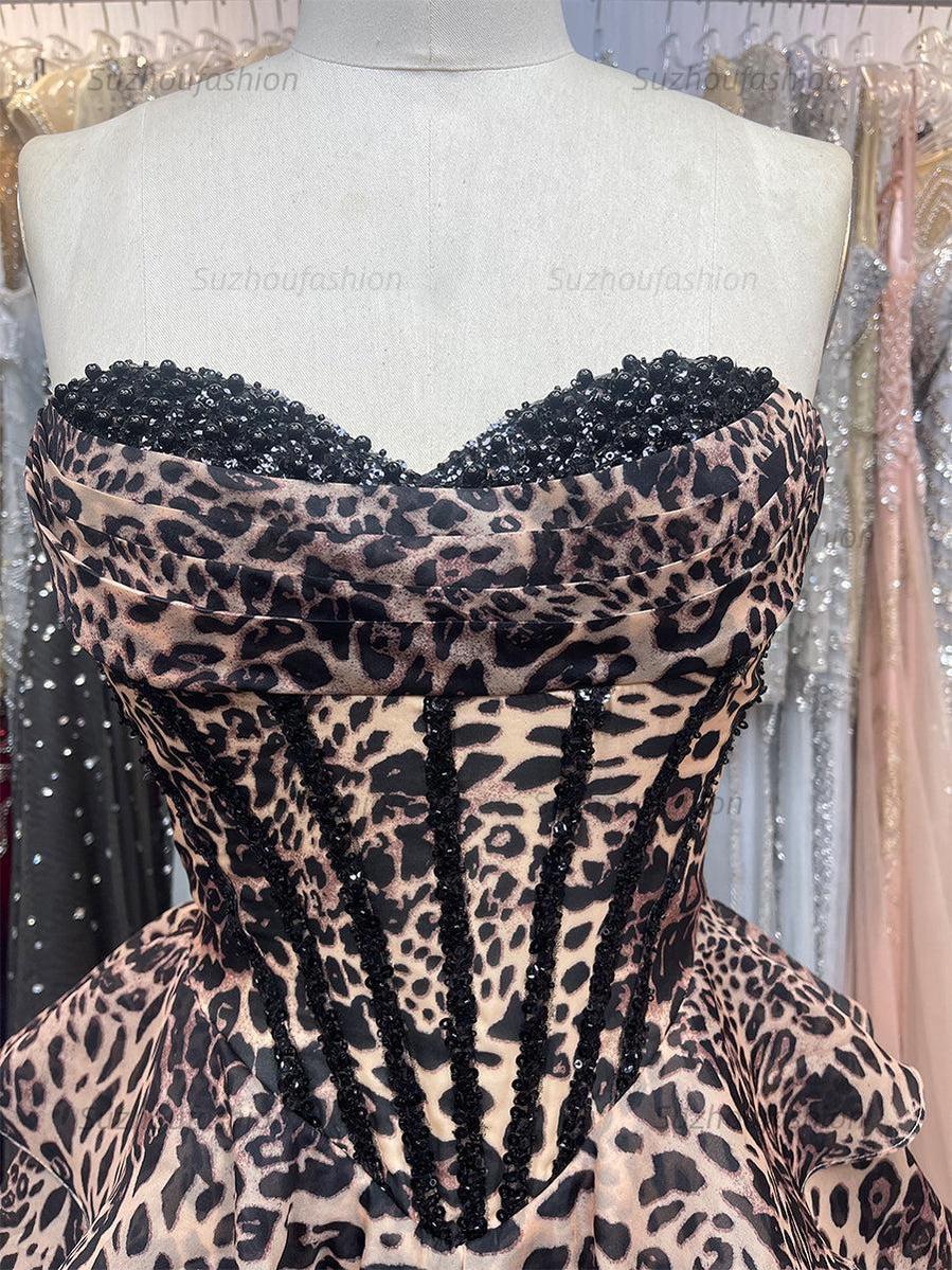 Leopard Print Corset A Line Short Floral Homecoming Dress with Beading