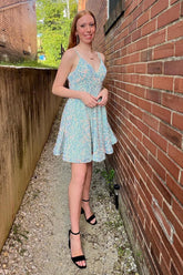 Light Blue Homecoming Dresses A-Line Backless Sequin Prom Dress