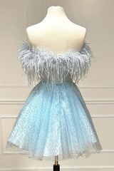 Light Blue Homecoming Dresses A-Line Strapless Prom Dress with Feathers