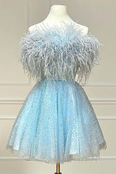 Light Blue Homecoming Dresses A-Line Strapless Prom Dress with Feathers