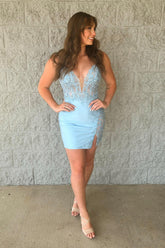 Light Blue Homecoming Dresses Corset Spaghetti Straps Tight Short Cocktail Dresses with Slit