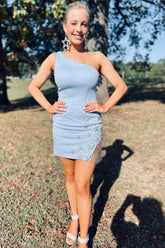 Light Blue Homecoming Dresses One Shoulder Stars Tight Short Cocktail Dresses with Fringes