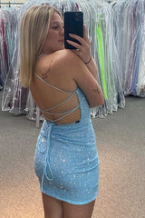 Light Blue Homecoming Dresses Sequin Lace-Up Back Short Cocktail Dresses
