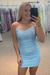 Light Blue Homecoming Dresses Sequin Lace-Up Back Short Cocktail Dresses