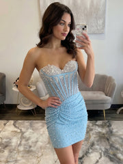 Light Blue Pearl-Embellished Ruched Corset Homecoming Dress