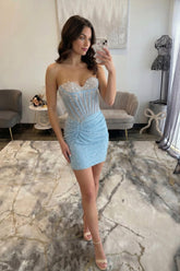 Suzhoufashion Light Blue Pearl-Embellished Ruched Corset Homecoming Dress
