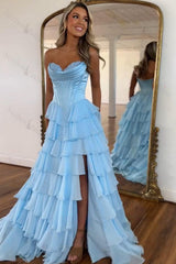 Light Blue Prom Dress A Line Sweetheart Ruffled Corset Long Formal Dress