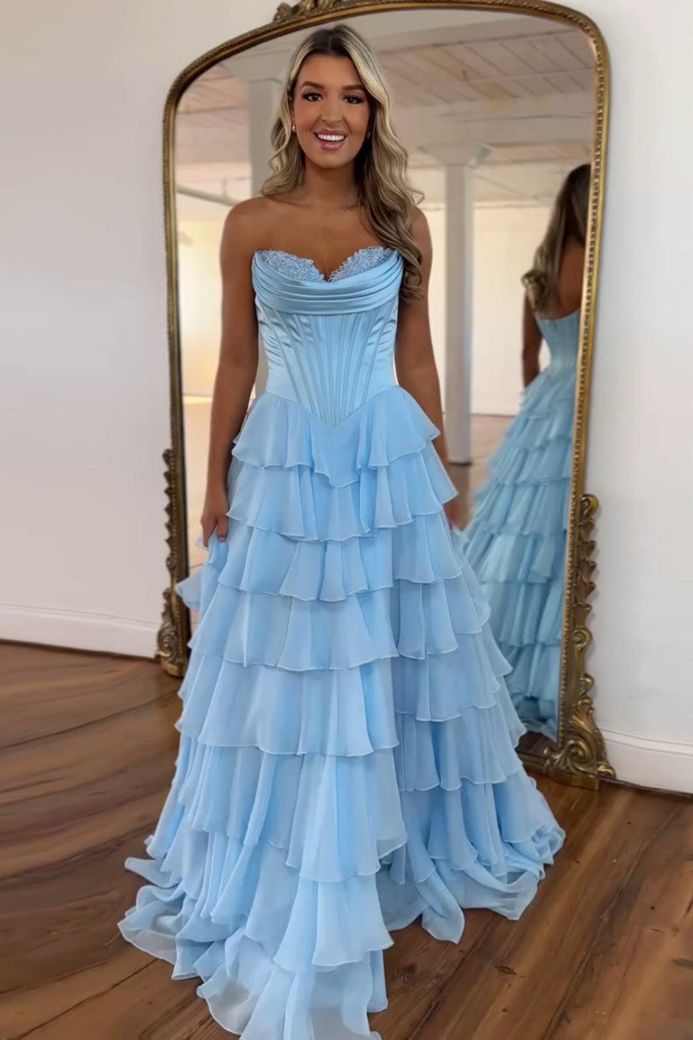 Suzhoufashion Light Blue Prom Dress A Line Sweetheart Ruffled Corset Long Formal Dress Suzhoufashion Light Blue Prom Dress A Line Sweetheart Ruffled Corset Long Formal Dress