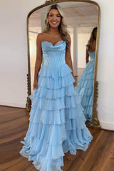 Light Blue Prom Dress A Line Sweetheart Ruffled Corset Long Formal Dress