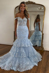 Light Blue Prom Dress Mermaid Off The Shoulder Long Formal Dress With Lace