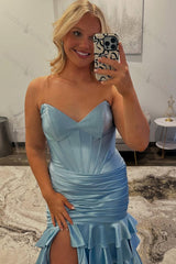 Light Blue Prom Dress Mermaid Sweetheart Corset Satin Ruffled Long Formal Dress With Slit