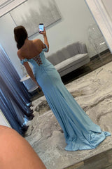 Light Blue Prom Dress Off The Shoulder Corset Mermaid Long Formal Dress With Slit