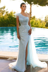 Light Blue Prom Dress One Shoulder Mermaid Evening Formal Dress With Feather Sequined Split