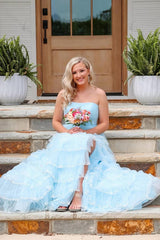 Light Blue Prom Dress Strapless Ruffled Long Formal Dress With Slit