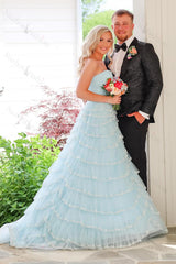 Light Blue Prom Dress Strapless Ruffled Long Formal Dress With Slit