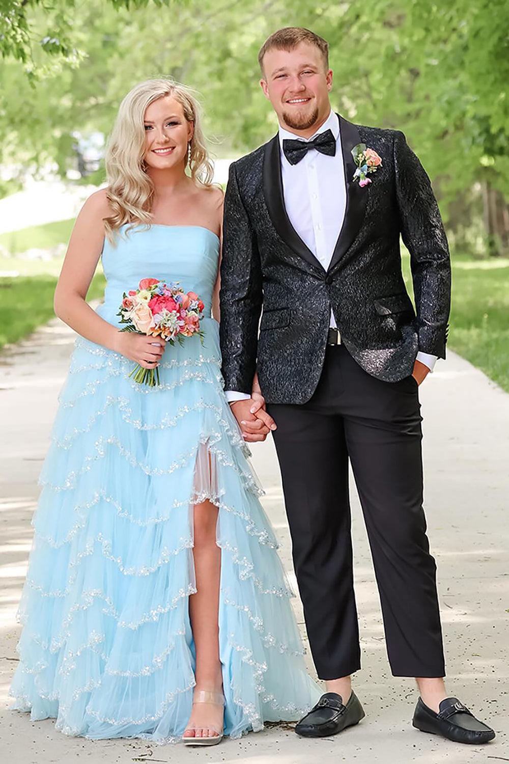 Light Blue Prom Dress Strapless Ruffled Long Formal Dress With Slit