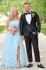 Light Blue Prom Dress Strapless Ruffled Long Formal Dress With Slit
