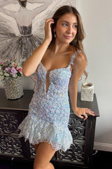 Light Blue Tight Homecoming Dresses Floral Short Corset Cocktail Dresses With Ruffles