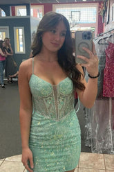 Light Green Homecoming Dresses Corset Tight Short Cocktail Dresses with Beadings