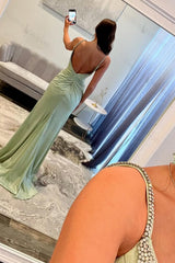 Light Green Prom Dress Beaded Spaghetti Straps Formal Dress With Slit
