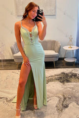 Light Green Prom Dress Beaded Spaghetti Straps Formal Dress With Slit