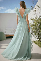 Light Green Prom Dress Chiffon A Line V-Neck Ruffled Long Formal Dress