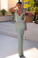 Light Green Prom Dress Column V Neck Beaded Spaghetti Strap Sleeveless Satin Formal Dress