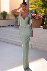 Light Green Prom Dress Column V Neck Beaded Spaghetti Strap Sleeveless Satin Formal Dress