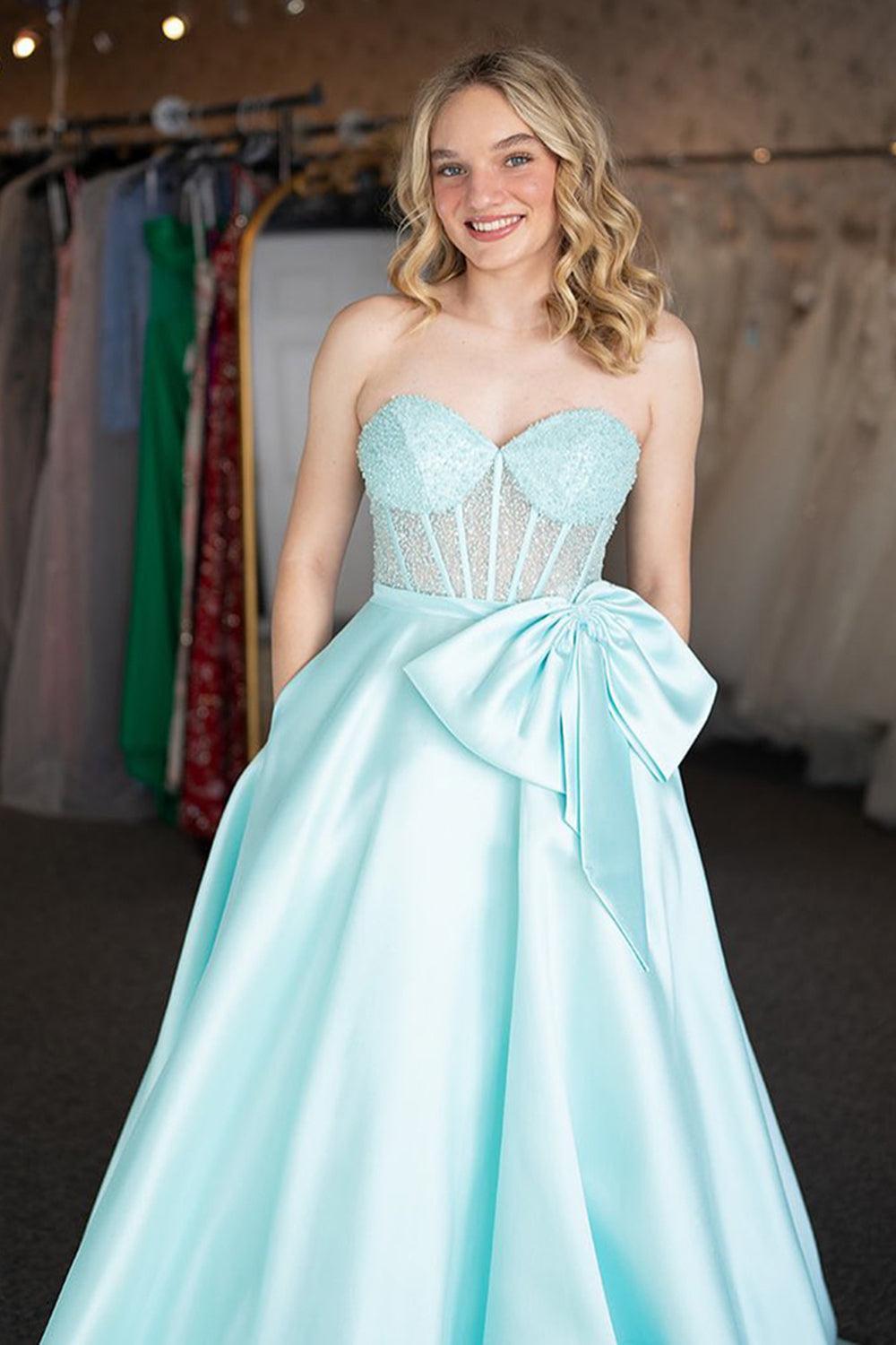 Light Green Prom Dress Corset Sweetheart Long Formal Dress With Pocket