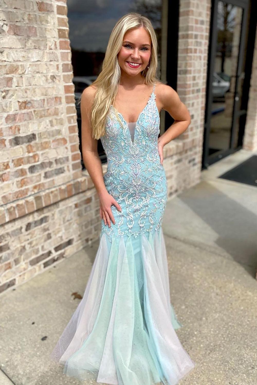 Light Green Prom Dress Spaghetti Straps Mermaid Long Lace Formal Dress