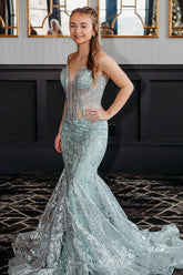 Light Green Prom Dress V-Neck Mermaid Tulle Formal Dress