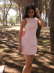 Light Pink Bow A-line Pearls Mini Dress Gown Homecoming Party Dresses