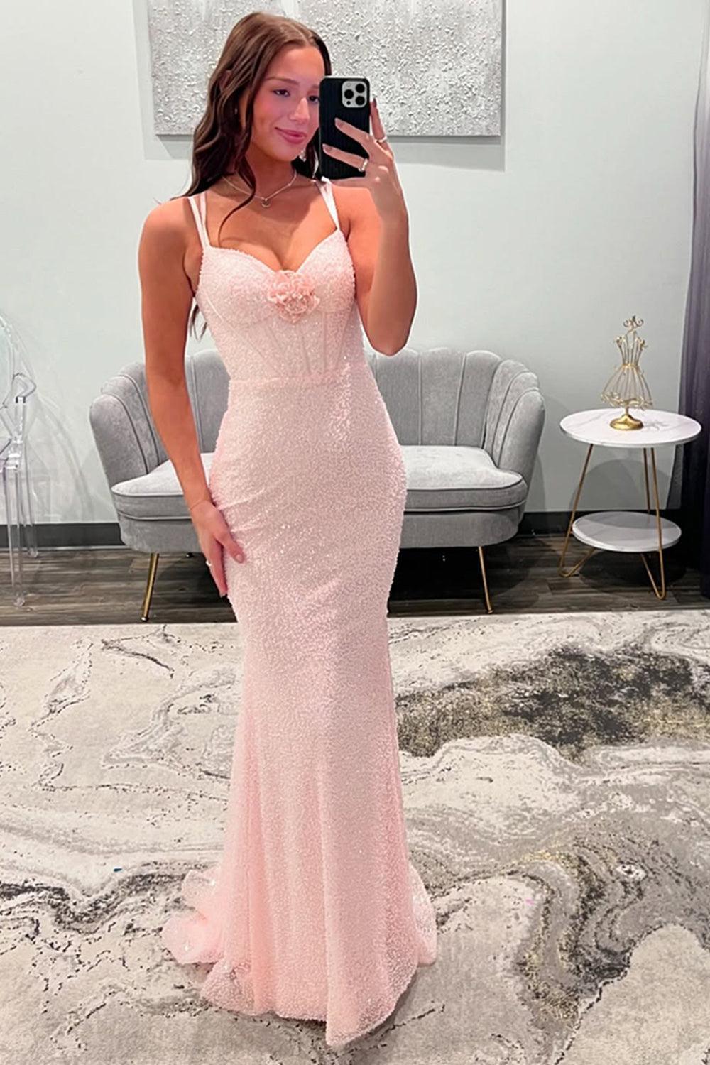 Light Pink Prom Dress Corset Long Formal Dress With 3D Flowers