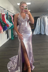 Light Pink Prom Dress Metallic Corset Long Formal Dress With Slit