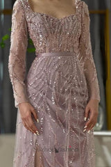 Light Purple Prom Dress Mermaid Square Sequined Sleeves Tulle Formal Dress With Slit