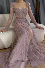 Light Purple Prom Dress Mermaid Square Sequined Sleeves Tulle Formal Dress With Slit