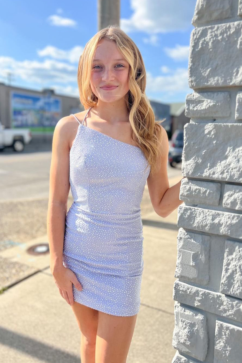 Lilac Homecoming Dresses Beaded One Shoulder Sequin Tight Prom Dress