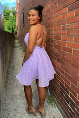 Lilac Homecoming Dresses Sequin Prom Dress with Criss Cross Back