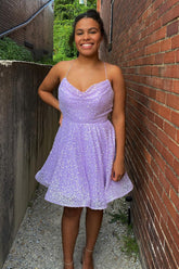 Lilac Homecoming Dresses Sequin Prom Dress with Criss Cross Back