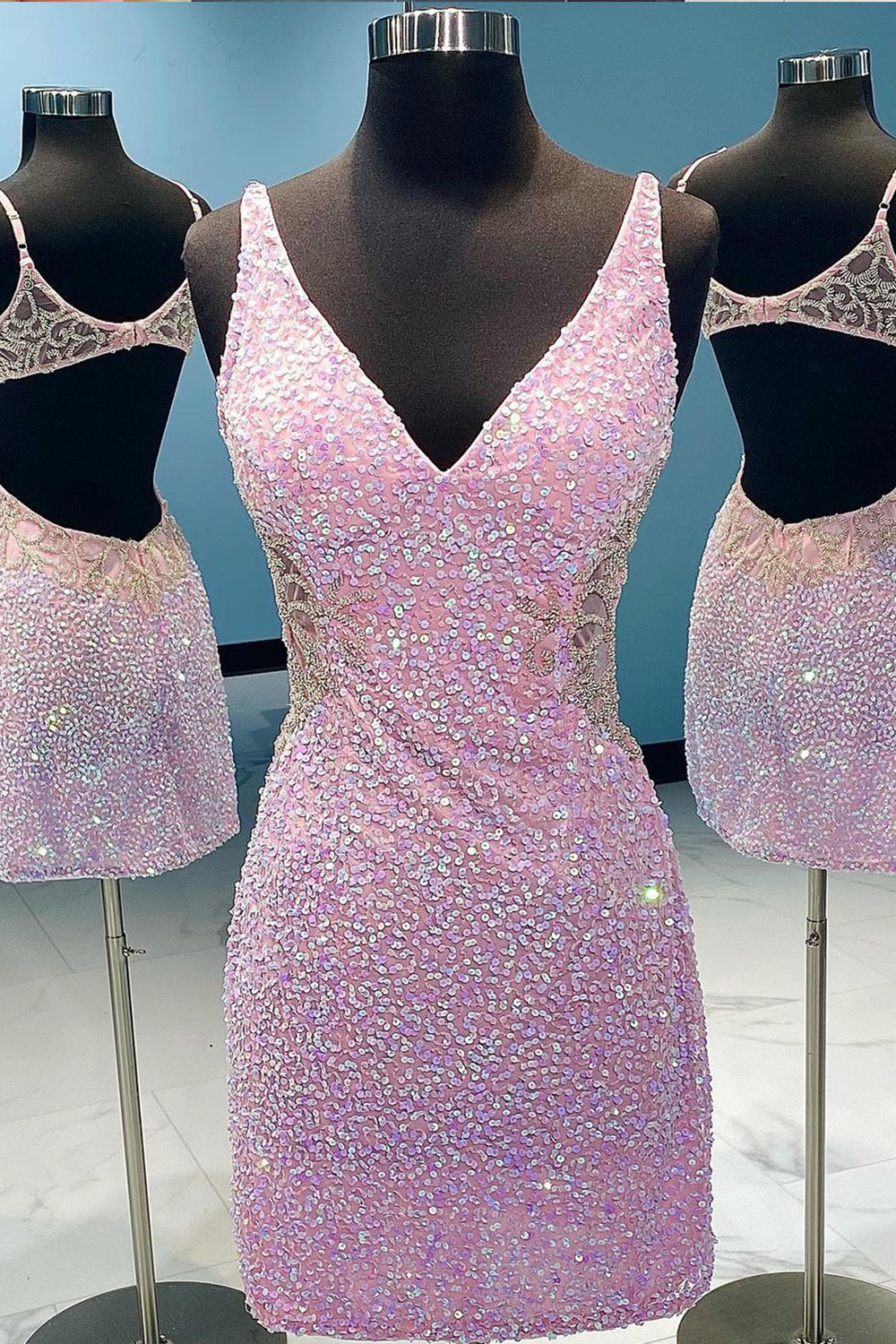 Lilac Homecoming Dresses Sequin Prom Dress with Open Back